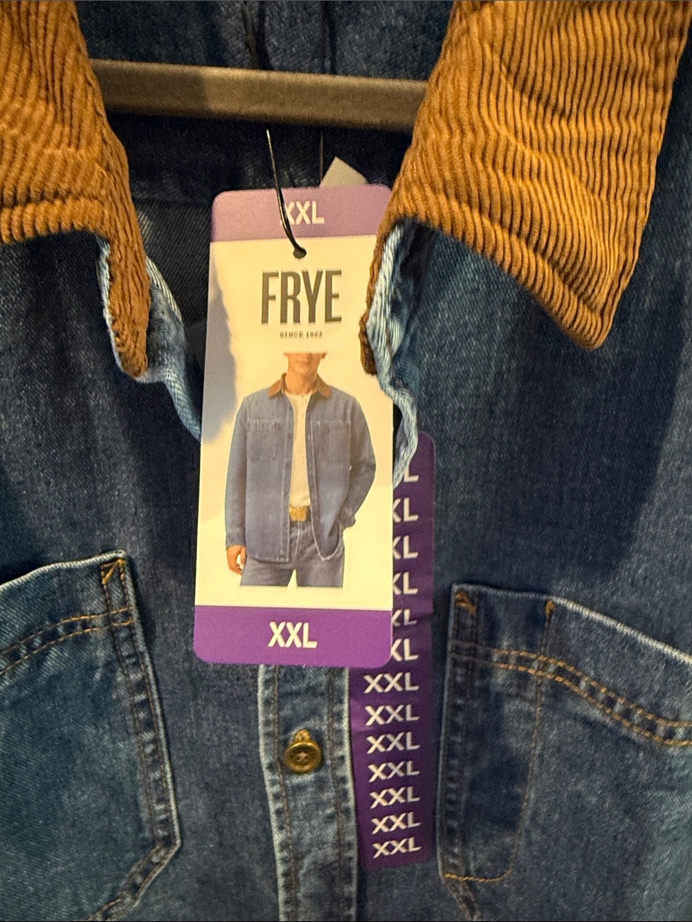 Frye Blue Denim Jacket with Brown Corduroy Collar Mens barn jacket xxl - Picture 3 of 7